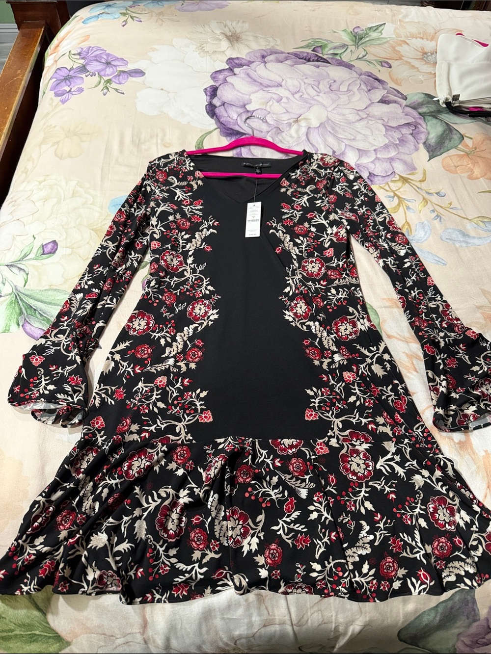 White House Black Market Black Dress with Red and Cream Floral Print
